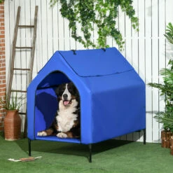 PawHut Caseta Para Perros 110x76x110 Cm Cama Elevada Para Mascotas Con Cubierta Desmontable Y Ventanas De Malla Para Perros Grandes Y Extra Grandes Azul. 110 Cm X 76 Cm X 110 Cm