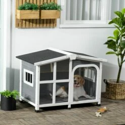 PawHut Caseta Para Perros De Madera 101x66,5x70,5 Cm Casa Para Mascotas Con Techo Abatible Frontal De Acrílico Puerta Con Cortina Y Fondo Extraíble Gris Oscuro. 101 Cm X 66.5 Cm X 70.5 Cm -Tienda barata Tiendanimal 0b1aeba8ea2a4b408bd16c06f032249c