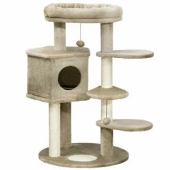 PawHut Árbol Rascador Para Gatos Pequeños Altura 94 Cm Torre Para Gatos Con Cama Superior Cueva 3 Escaleras Bolas Colgantes Y Postes De Sisal 55x55x94 Cm Marrón 55 Cm X 55 Cm X 94 Cm
