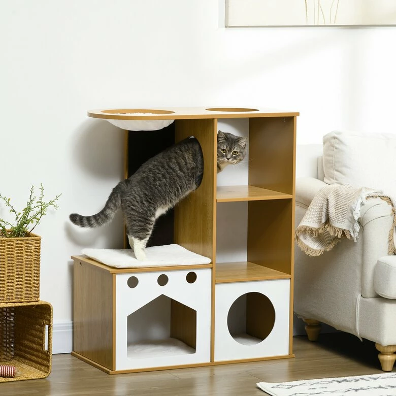 PawHut Árbol Rascador Para Gatos De Madera 92,5 Cm Torre Para Gatos Para Gatitos De Interior Con 2 Cuevas Rascador Hamaca Y Cojines De Felpa 76x37x92,5 Cm Roble 76 Cm X 37 Cm X 92.5 Cm 2 PawHut Árbol Rascador Para Gatos De Madera 92,5 Cm Torre Para Gatos Para Gatitos De Interior Con 2 Cuevas Rascador Hamaca Y Cojines De Felpa 76x37x92,5 Cm Roble 76 Cm X 37 Cm X 92.5 Cm - Imagen 2