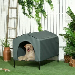 PawHut Caseta Para Perros Con Cubierta Exterior 130x85x95 Cm Cama Elevada Para Mascotas Con Cojín Y Ventanas De Malla Enrollable Para Perros Grandes Gris. 130 Cm X 85 Cm X 95 Cm -Tienda barata Tiendanimal 2ef1c1c217484898b08fc238fb902743