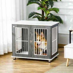 PawHut Jaula Para Perros De Madera Mesa Auxiliar 85x55x75 Cm Con Tablero De Almacenaje 2 Puertas De Cerradura Y Rejillas De Acero Mueble Perrera Para Interiores Gris 85x55x75 Cm -Tienda barata Tiendanimal 39f9d40763c04cf1ab81d8a9a579e2a9