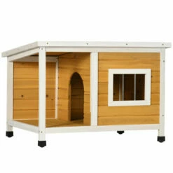 PawHut Caseta Para Perros De Madera 85,5x62x60 Cm Casa Para Mascotas Refugio Para Perros Con Techo Asfáltico Impermeable Y Ventana Para Interior Exterior Natural. 85.5 Cm X 62 Cm X 60 Cm