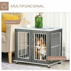 PawHut Jaula Para Perros De Madera Mesa Auxiliar 85x55x75 Cm Con Tablero De Almacenaje 2 Puertas De Cerradura Y Rejillas De Acero Mueble Perrera Para Interiores Gris 85x55x75 Cm -Tienda barata Tiendanimal 6122b96a431f4a5e9be412a6ed84e1d5