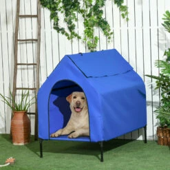 PawHut Caseta Para Perros 110x76x110 Cm Cama Elevada Para Mascotas Con Cubierta Desmontable Y Ventanas De Malla Para Perros Grandes Y Extra Grandes Azul. 110 Cm X 76 Cm X 110 Cm -Tienda barata Tiendanimal 651a9d4fdfc54c3e966cfa01174573e0
