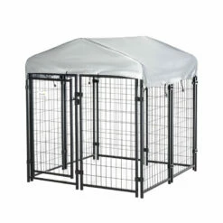 Pawhut Perrera De Exterior Con Techo 120x120x138 Cm Jaula Para Perros Parque Para Mascotas Con Malla De Metal Y Puerta Con Cerradura Para Jardín Patio Plata. 120 Cm X 120 Cm X 138 Cm