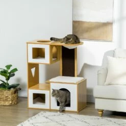 PawHut Árbol Rascador Para Gatos Altura 92,5 Cm Torre Para Gatos Con 3 Casetas De Madera Cojines Lavables Tabla De Rascador Y Hamaca 76x37x92,5 Cm Roble. 76 Cm X 37 Cm X 92.5 Cm -Tienda barata Tiendanimal 7b06e6b8e62e47049a3eb81f27fc8d64