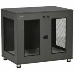 PawHut Jaula Para Perros Medianos Mesa Auxiliar 80x55x70 Cm Con 2 Puertas Con Pestillo Cojín De Tela Oxford Extraíble Y Rejillas De Acero Perrera Para Interiores Gris 80 Cm X 55 Cm X 70 Cm