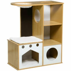 PawHut Árbol Rascador Para Gatos De Madera 92,5 Cm Torre Para Gatos Para Gatitos De Interior Con 2 Cuevas Rascador Hamaca Y Cojines De Felpa 76x37x92,5 Cm Roble 76 Cm X 37 Cm X 92.5 Cm
