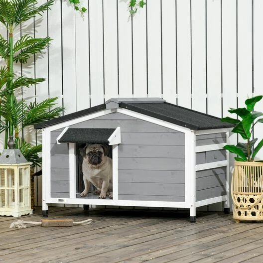 PawHut Caseta Para Perros De Madera 97x72x65 Cm Casita Para Mascotas Con Techo Asfáltico Abatible 2 Ventanas Puerta Con Cortina Y Base Extraíble Gris. 97 Cm X 72 Cm X 65 Cm 2 PawHut Caseta Para Perros De Madera 97x72x65 Cm Casita Para Mascotas Con Techo Asfáltico Abatible 2 Ventanas Puerta Con Cortina Y Base Extraíble Gris. 97 Cm X 72 Cm X 65 Cm - Imagen 2