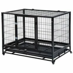 Pawhut Jaula De Metal Con Ruedas Negro Para Perros 92 Cm X 62 Cm X 75 Cm