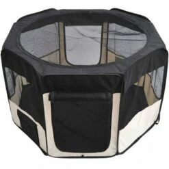 Pawhut Parque Plegable Negro Y Beige Para Perros 114 Cm X 48 Cm X 58 Cm