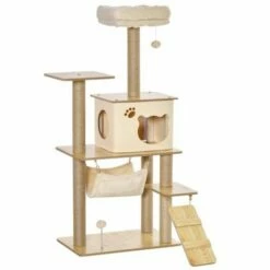 Árbol Rascador Para Gatos Pawhut Color Beige 60 Cm X 40 Cm X 130 Cm