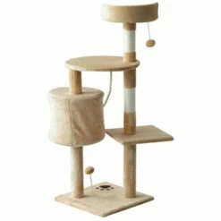 Pawhut árbol Rascador Con Plataforma Casetas Y Bolas De Juego Beige Para Gatos 40 Cm X 40 Cm X 114 Cm